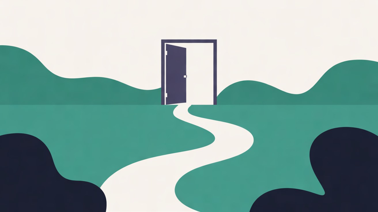 Flat illustration of a pale winding path crossing teal hills towards an open navy doorway on an off-white background