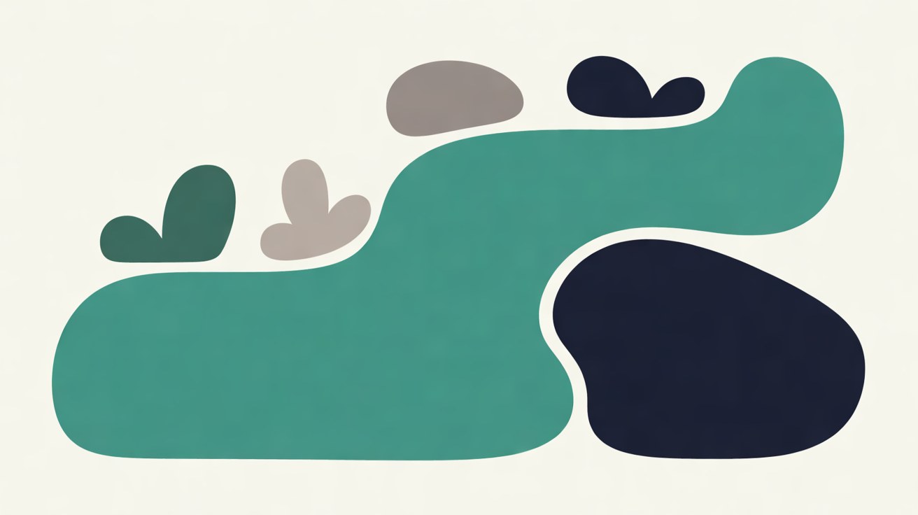 Flat illustration of flowing teal, deep navy and warm grey organic shapes on an off-white background