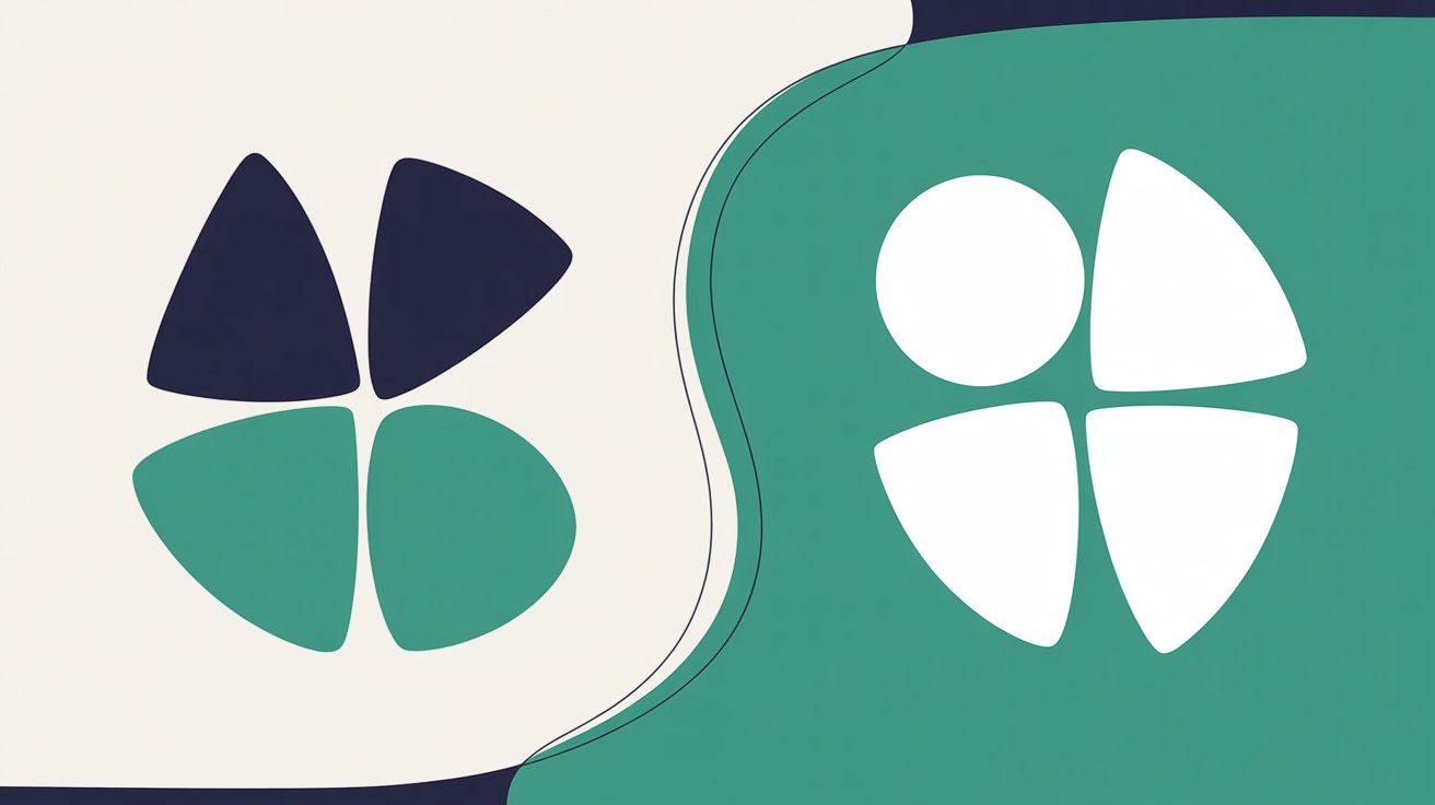 Two matching four-petal shapes either side of a curved dividing line, one in navy and teal on stone grey, the other in white on a teal field