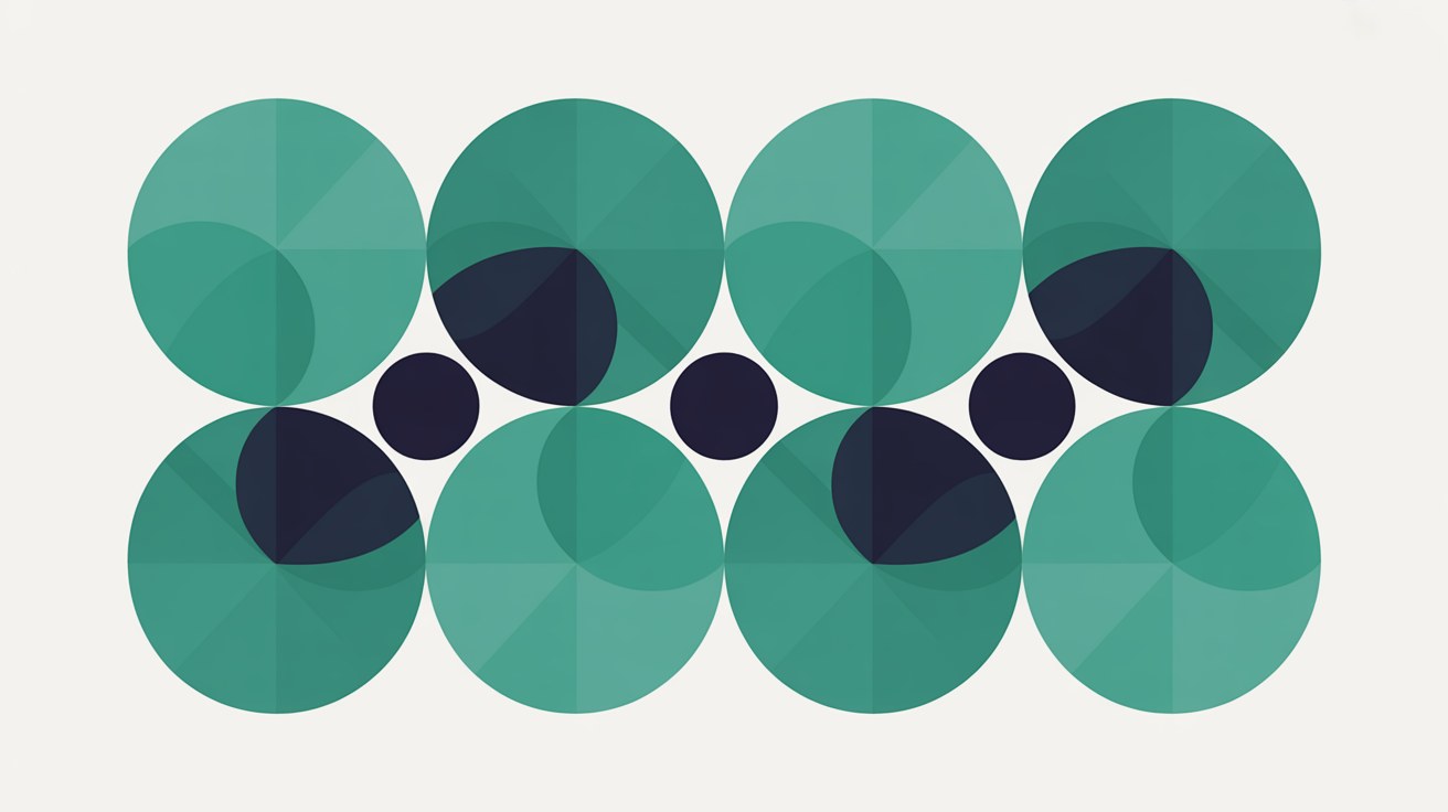 Grid of overlapping teal circles with small navy shapes formed where they intersect, on a warm stone grey background