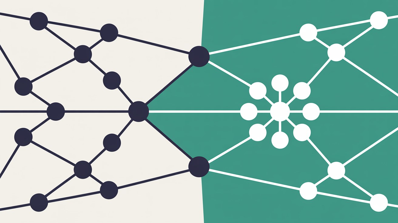 Flat illustration of a connected node network divided by a vertical boundary, navy nodes on warm stone grey to the left and white nodes on a teal field to the right