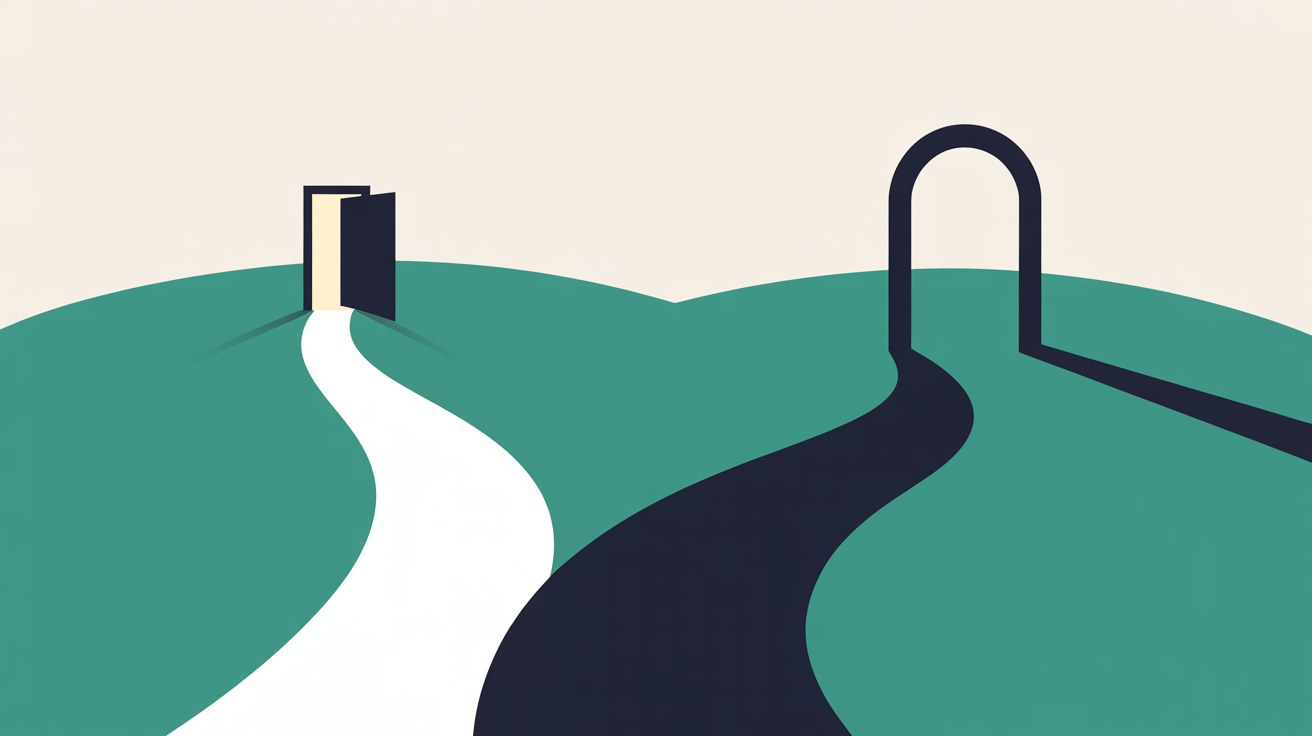 Flat illustration of two winding paths over teal hills, one leading straight to an open lit doorway and the other passing under a dark archway