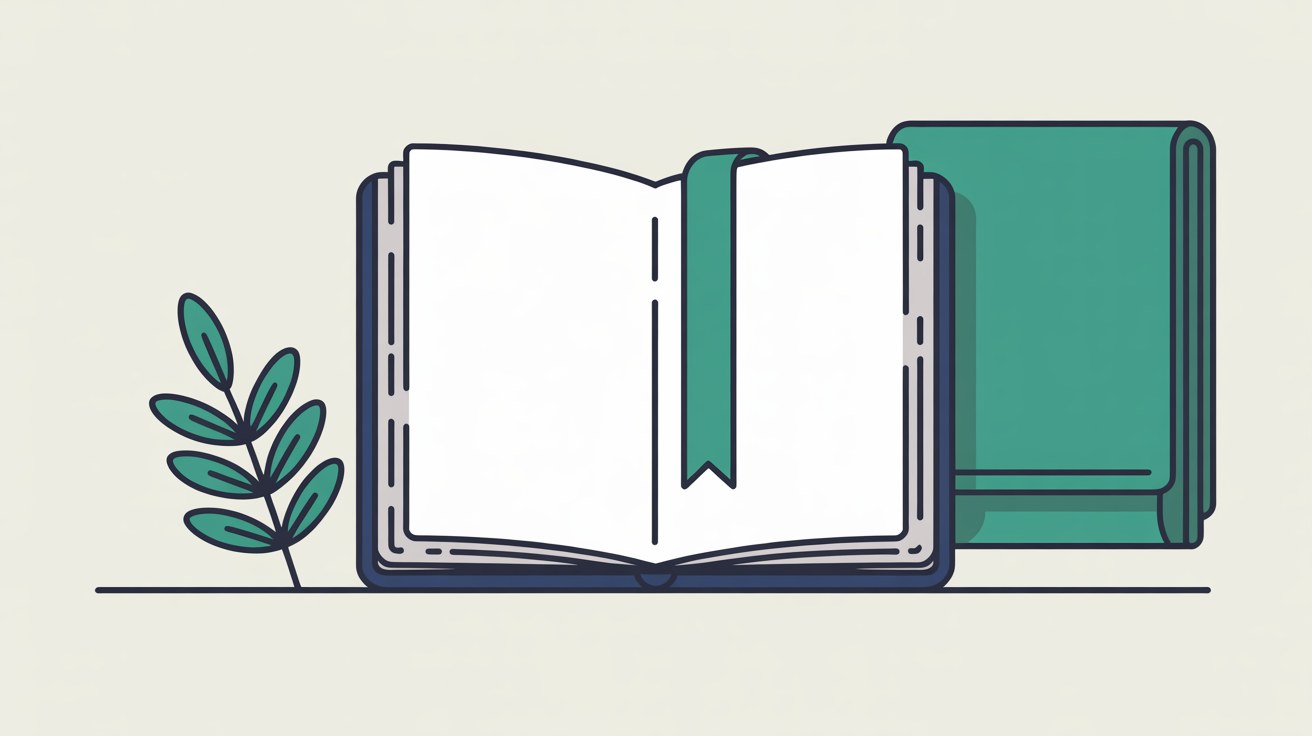 Flat illustration of an open reservation book with a teal ribbon bookmark beside a closed teal book and a small green sprig