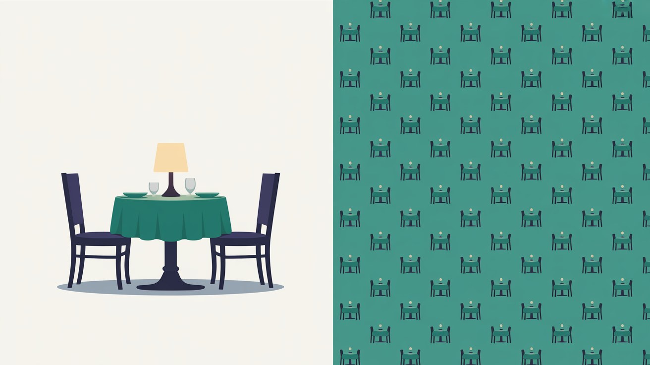 Flat illustration of a single restaurant table for two under a lamp beside a teal wall patterned with many identical small tables