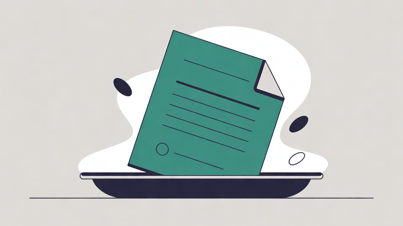 Flat illustration of a teal document lifting gently out of a shallow tray on a warm grey background