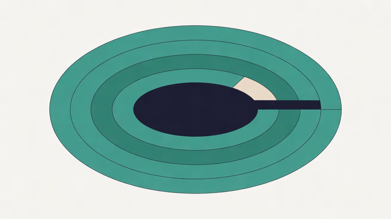 Abstract flat illustration of layered teal and navy rings with one small segment highlighted on an off-white background