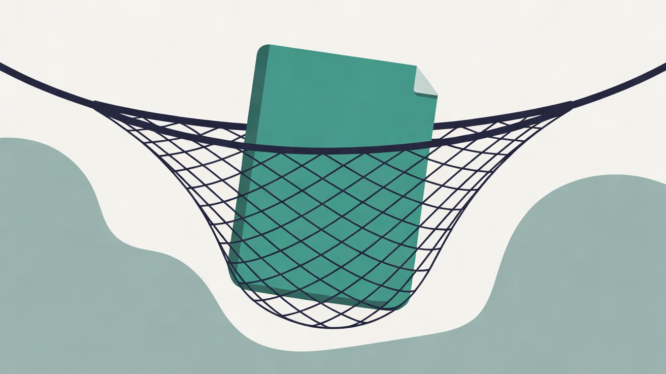 Flat illustration of a teal document page caught in a navy net above soft teal hills on a warm off-white background