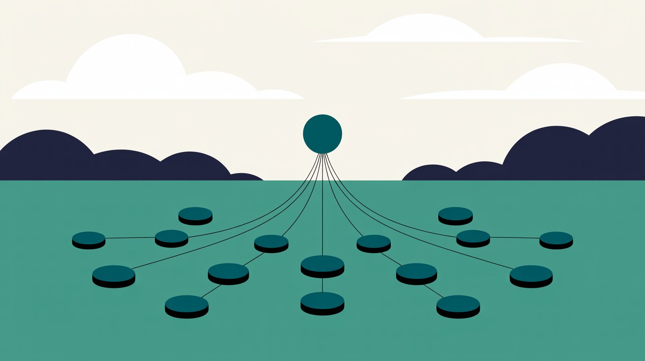 Flat illustration of many small teal nodes connected by thin lines converging upward on a single larger node above the horizon
