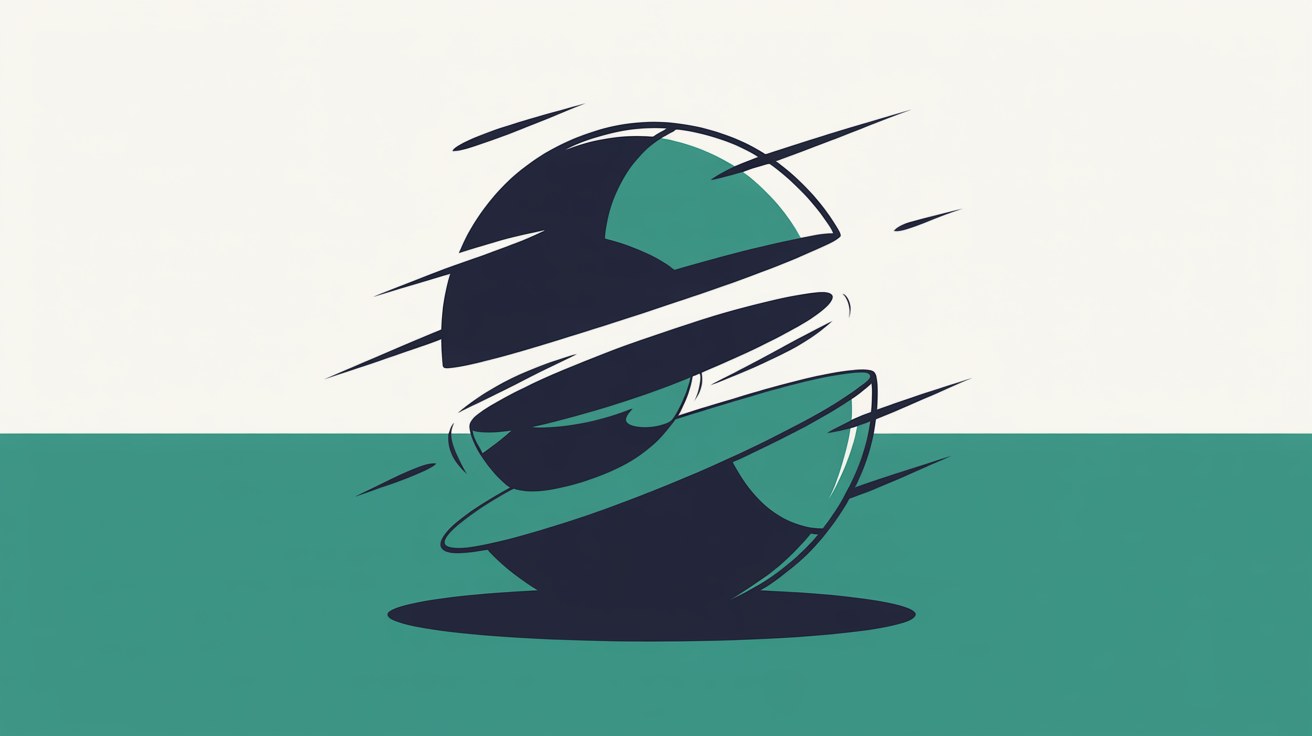 Flat illustration of a dark sphere sliced into segments that are separating and realigning, with thin motion lines, on a split off-white and teal background