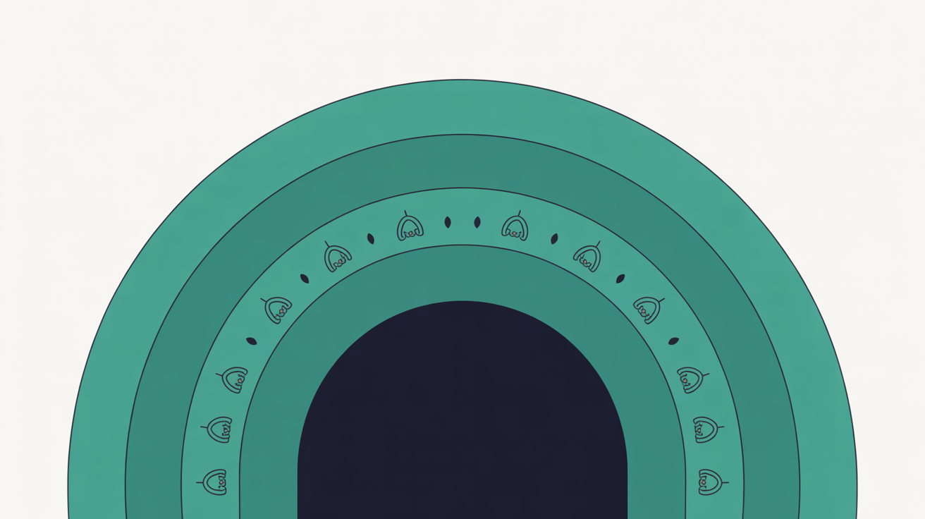 Layered concentric shapes representing infrastructure-level defences filtering out incoming geometric bot traffic on a warm grey background