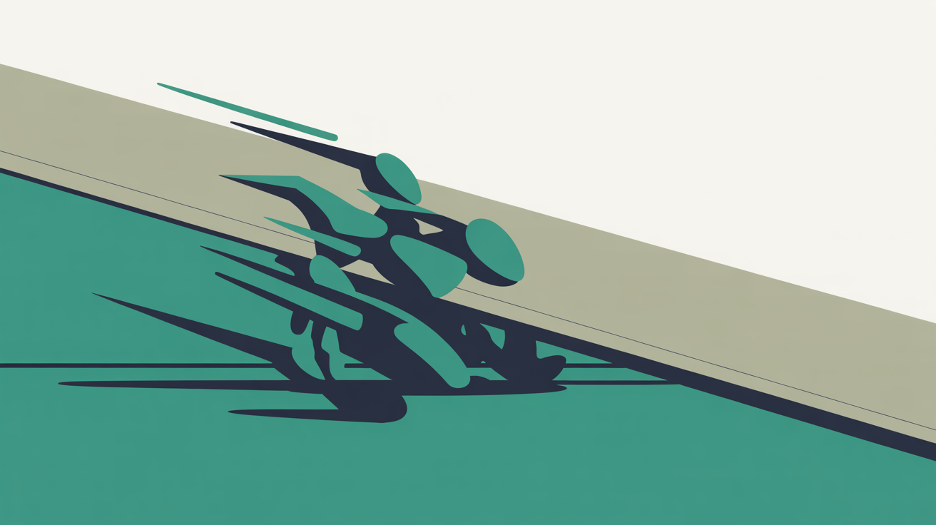 Abstract geometric shapes representing AI crawler bots flowing past a thin line barrier on a warm grey background, with teal accents suggesting bypass and motion