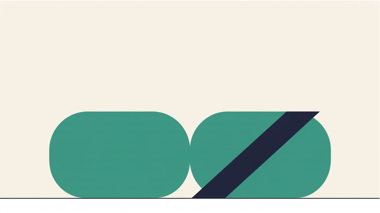 Two equal teal rounded shapes side by side, the right one crossed by a single dark navy diagonal line, on a warm off-white background