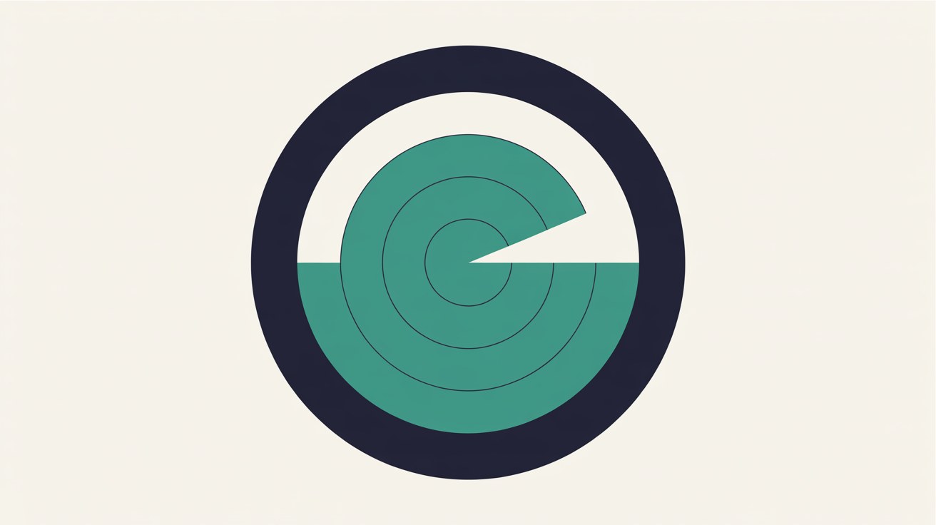 Concentric teal semicircles inside an open dark navy ring, one segment cut away, on an off-white background
