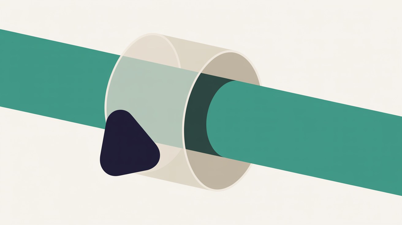 Flat abstract illustration of a long teal band passing through a translucent off-white cylinder, with a dark navy shape resting at the cylinder's edge, on an off-white background