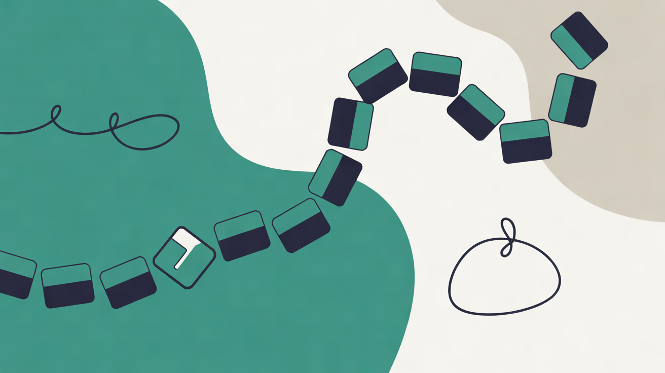 Flat illustration of teal and navy card shapes winding in a long curving chain across soft teal and warm grey shapes