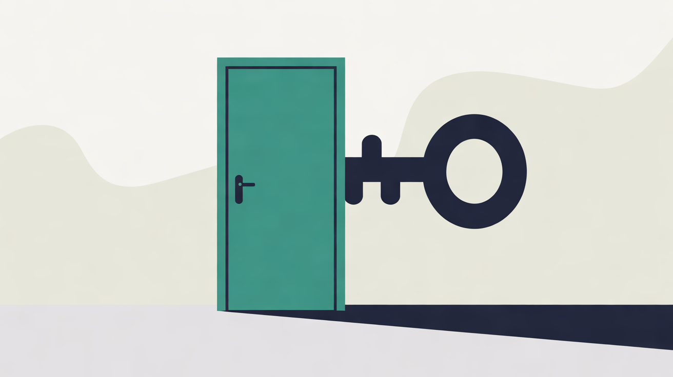 Flat illustration of a single closed teal door with a large navy key shape beside it on a warm grey background