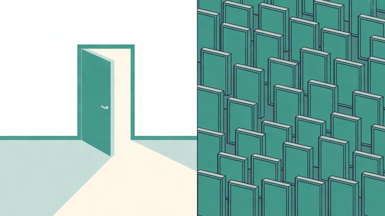 Flat illustration split in two: a single open teal door letting light into an empty room on the left, and a crowded field of identical closed doors on the right