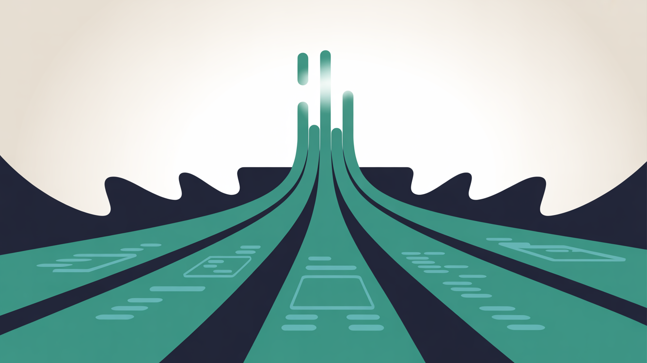 Abstract flat illustration of teal data paths converging toward a central node on a warm stone grey background, suggesting structured information flow