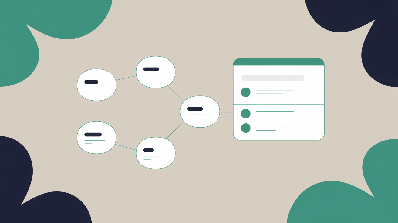 Abstract flat illustration of interconnected data nodes with teal connection lines on a warm stone grey background
