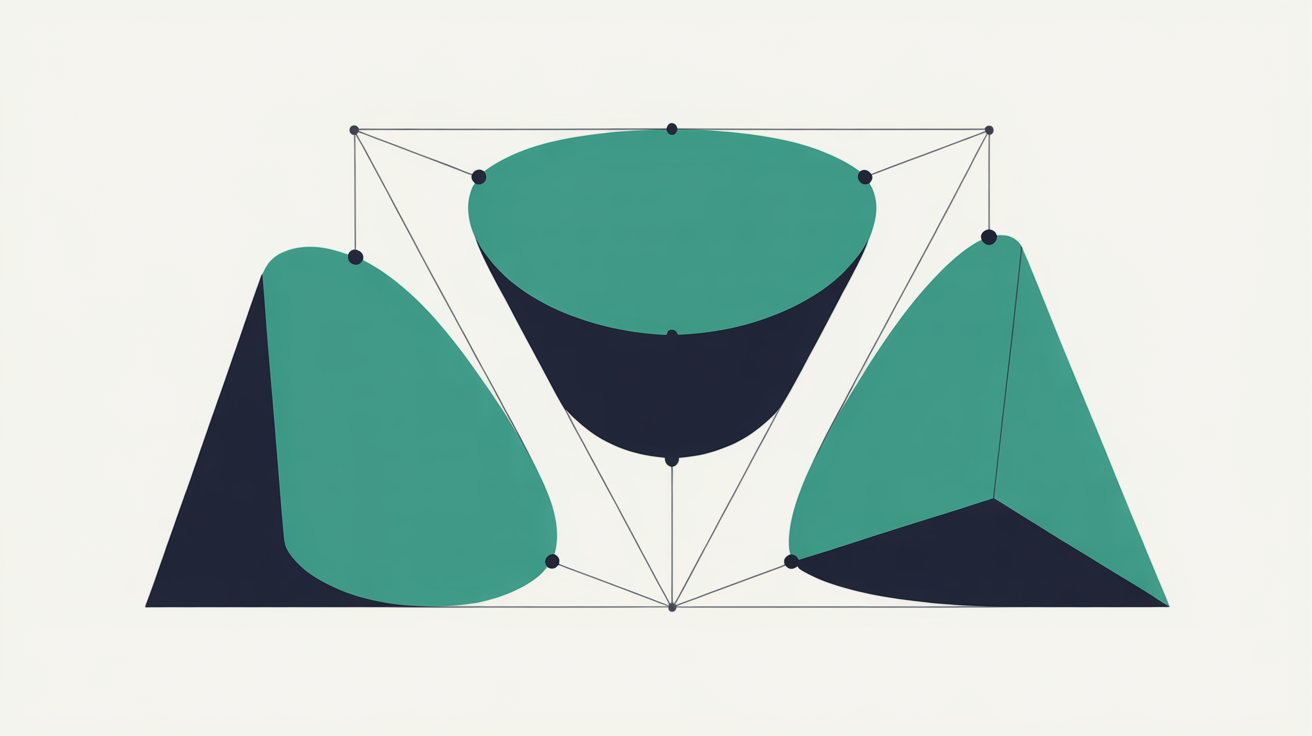 Flat abstract illustration of three teal geometric shapes connected by lines on warm grey, suggesting structured data types