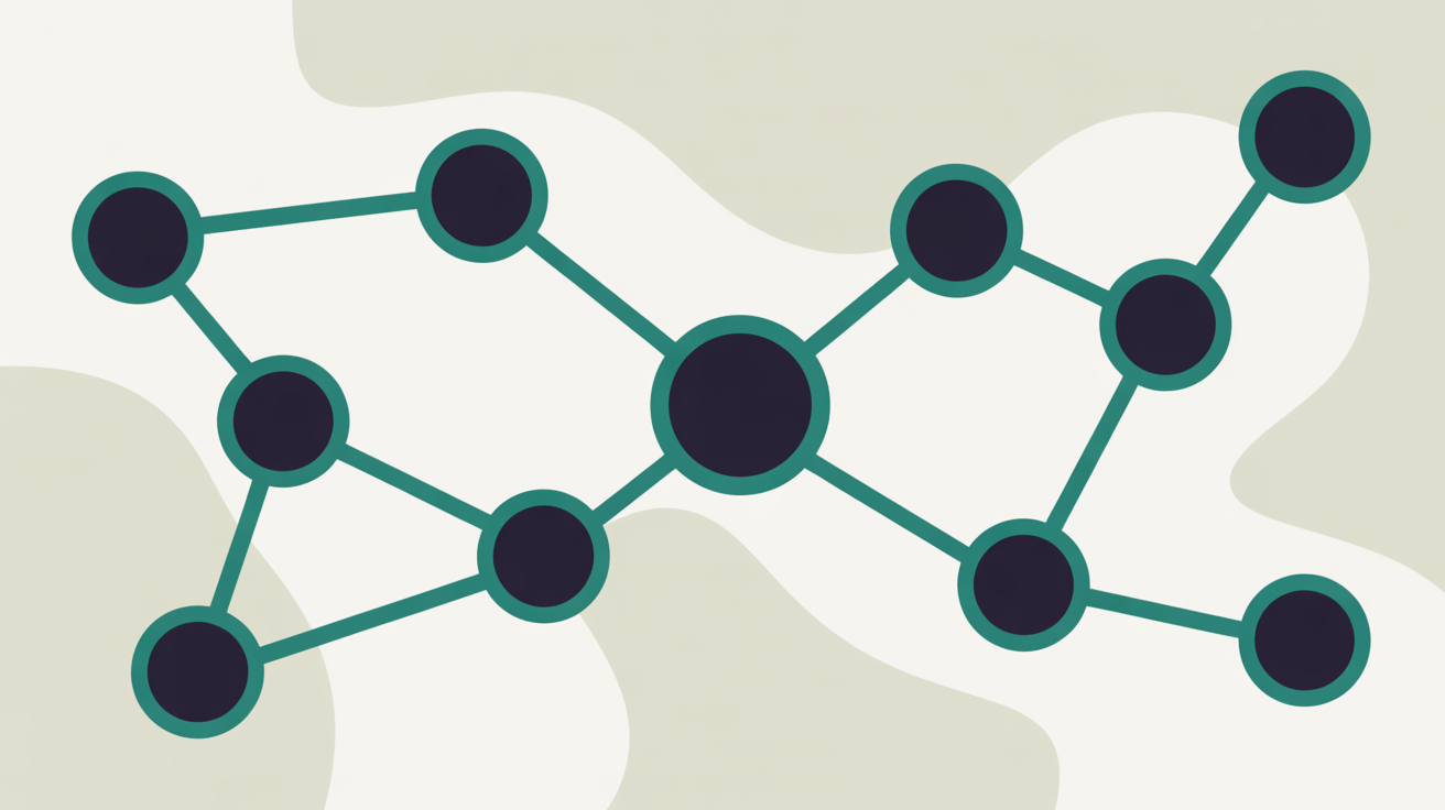 Abstract flat illustration of connected data nodes in teal suggesting structured information, warm grey background