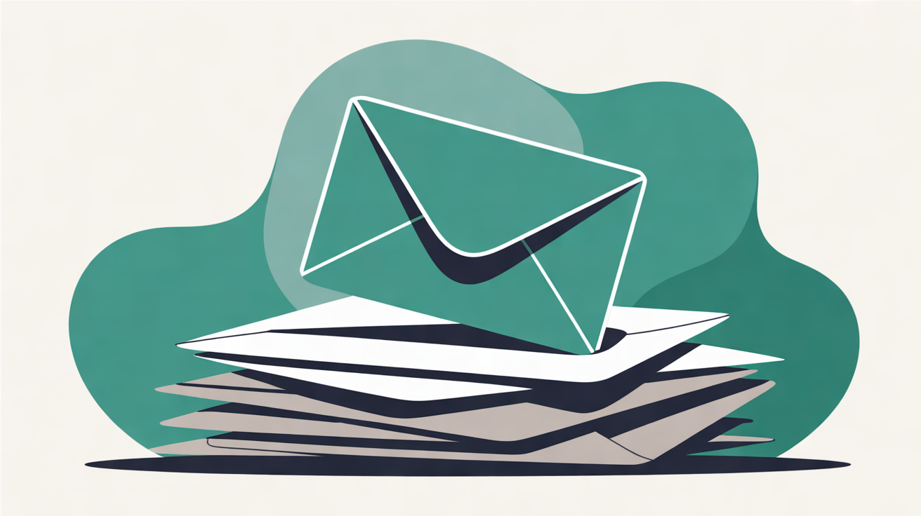 Flat illustration of a single teal envelope lifted clear of a stack of plain grey and white envelopes, against a teal shape on a warm stone background