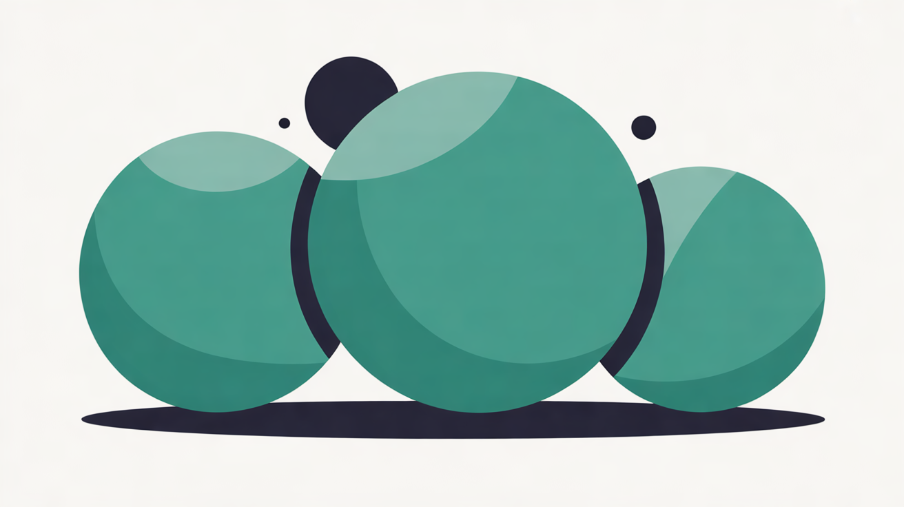 Flat illustration of three overlapping teal spheres resting side by side on a navy shadow, the middle one largest, on a warm off-white background