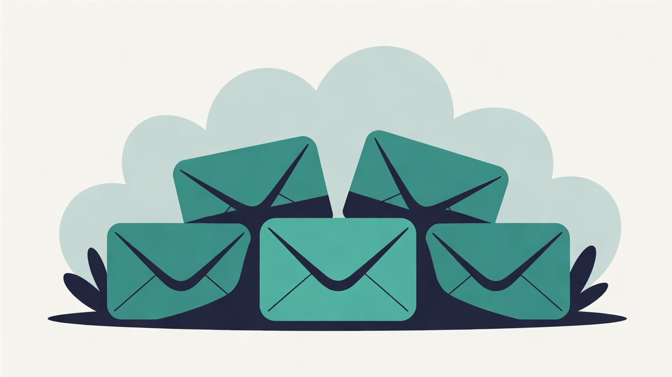 Flat illustration of five teal envelopes grouped in front of a pale teal cloud shape on a warm off-white background, the centre envelope a lighter shade