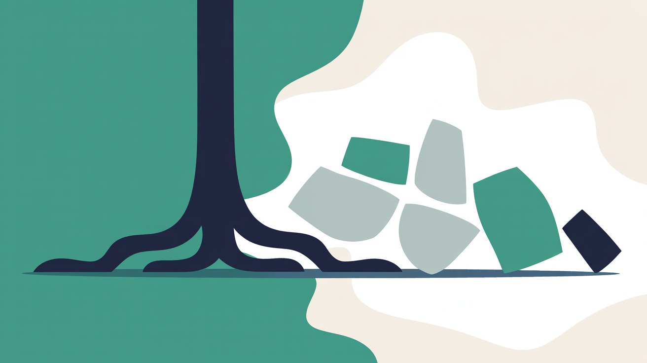 A single solid rooted shape beside several lighter detachable shapes drifting away, in teal and warm grey, suggesting owned versus rented space