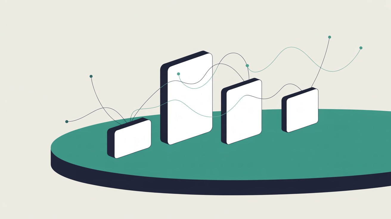 Abstract flat illustration of several geometric panels linked by thin flowing lines, one panel solid and grounded, the rest lighter and floating, in teal on a warm grey background