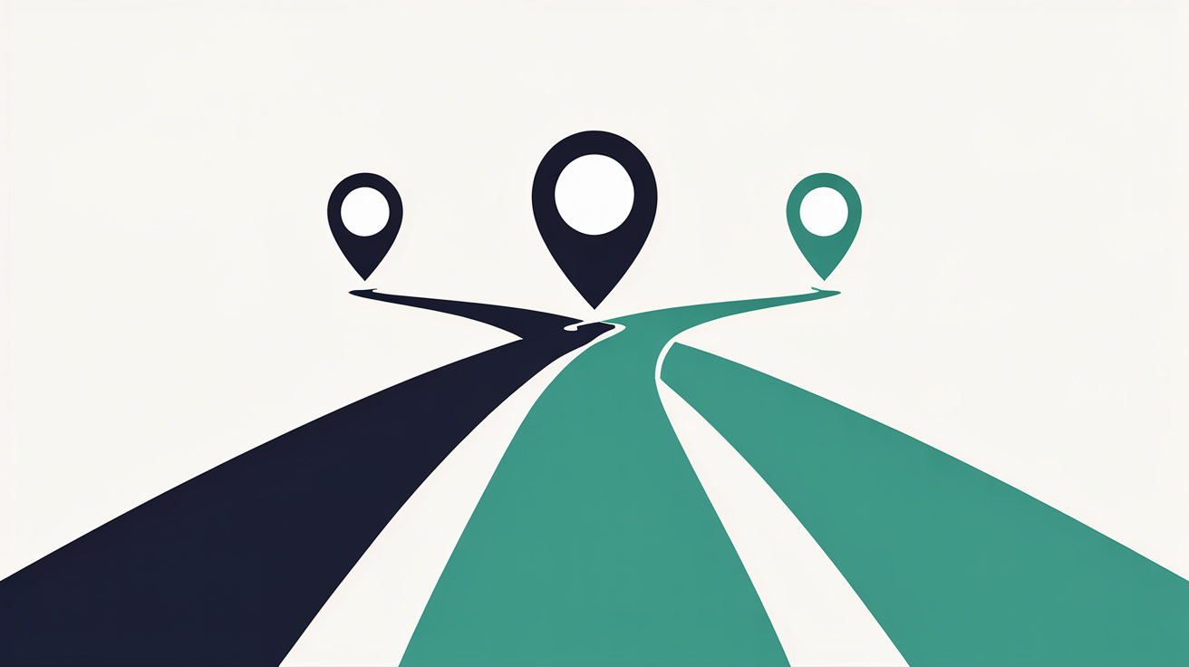 Three separate curved paths starting from different points and all arriving at a single shared destination marker