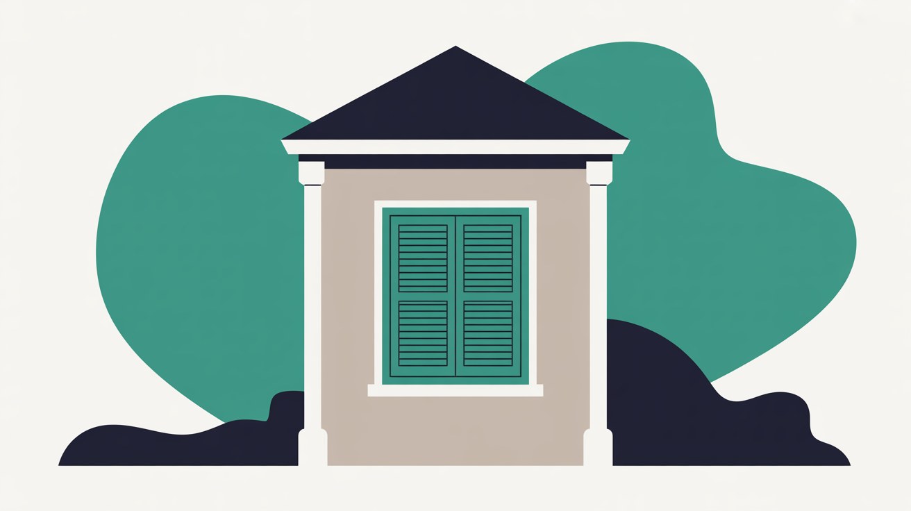 Flat illustration of a small coastal building with a closed shutter while a glowing teal window stays lit