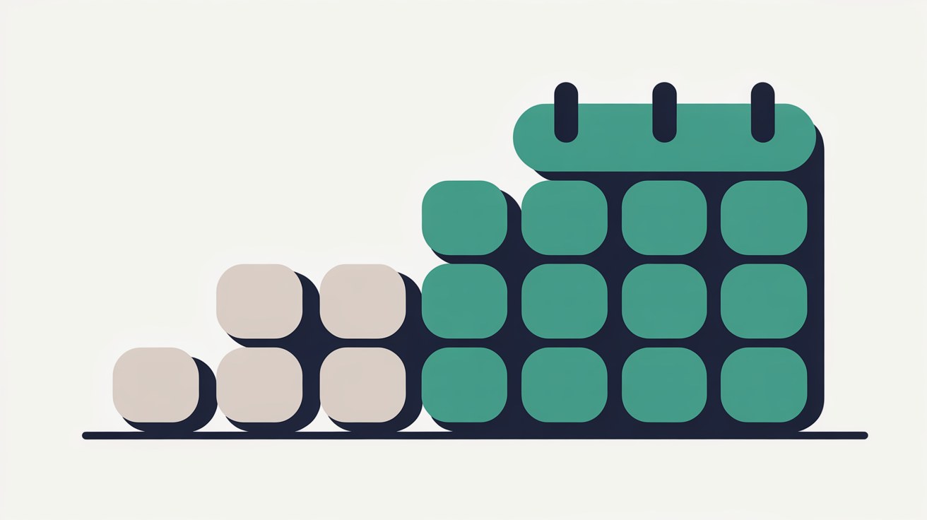 Abstract flat illustration of a calendar shape turning from a quiet grey month to a bright teal month