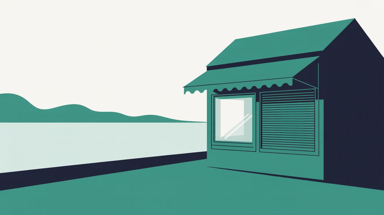 Flat illustration of a small teal seaside kiosk with one window shuttered and one window clear, beside a calm grey sea