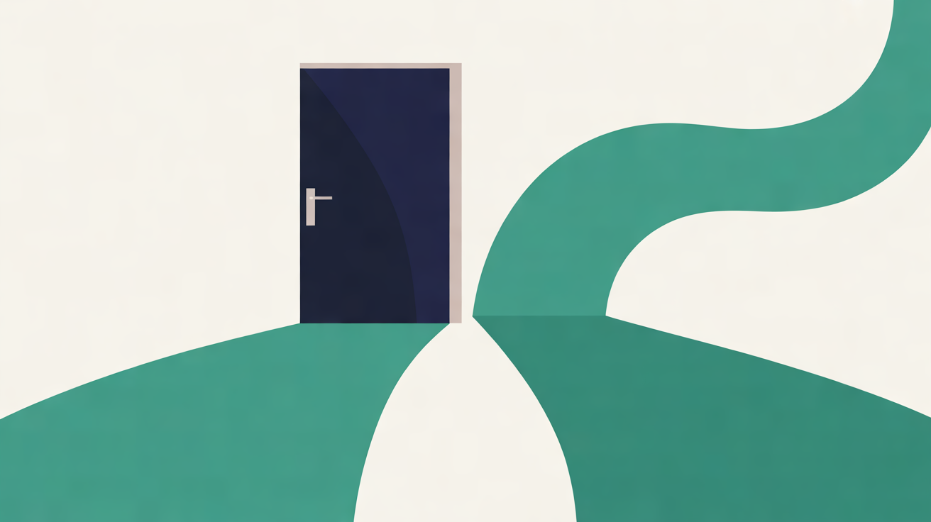 Flat illustration of two teal paths on an off-white background, one ending at a closed navy door and the other curving away upward