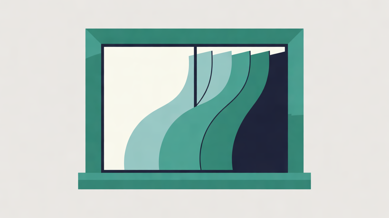 Flat illustration of a teal window frame holding overlapping curved panels in pale teal, teal and navy against a warm grey background