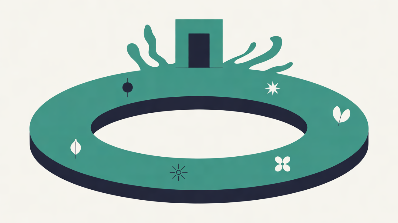 Flat illustration of a teal ring-shaped path on an off-white background with a navy doorway at the top and small leaf, star, sun and flower shapes spaced around it