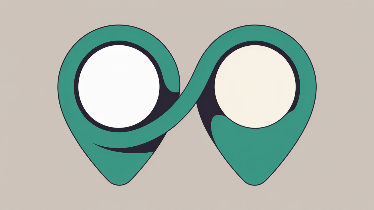 Two abstract rounded location-pin shapes connected by a curved teal line on a warm grey background