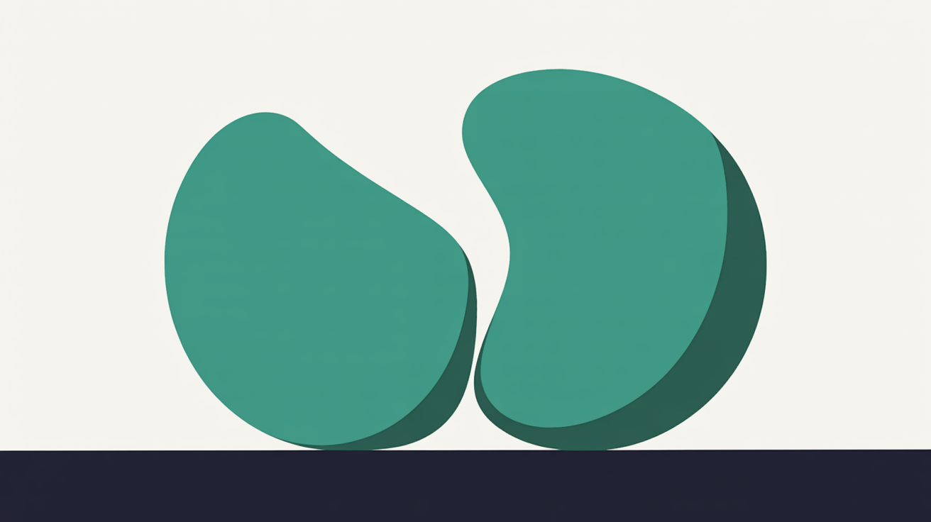 An abstract rounded shape splitting cleanly into two balanced teal forms on a warm grey background
