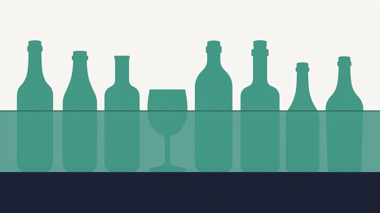 Abstract flat illustration of bottle and glass shapes behind a low geometric barrier in teal on a warm grey background