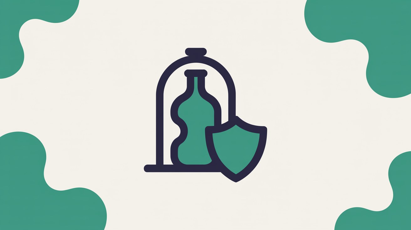 Flat illustration of a teal bottle silhouette inside a navy arched frame beside a small shield shape on a warm grey background