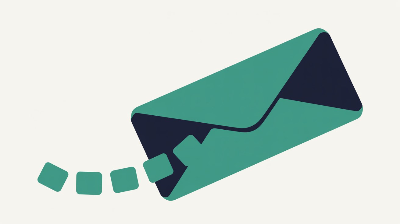Flat illustration of a teal envelope shape releasing a curved trail of small square tokens on a warm stone grey background