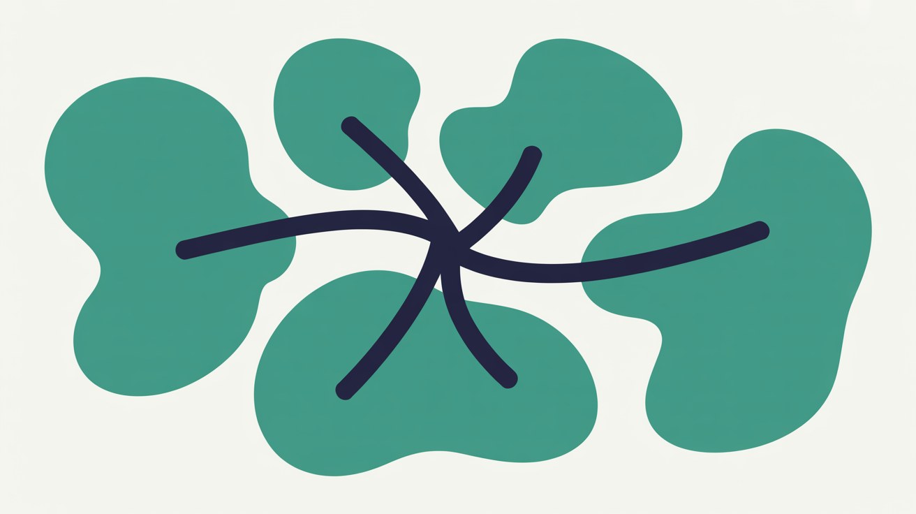 Flat illustration of soft teal territory shapes on warm stone grey linked by thin navy lines that converge to a single point