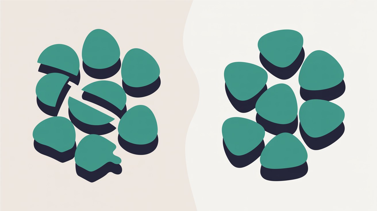 Flat illustration of two groups of rounded teal shapes on warm stone grey, the left group with slices cut out of several shapes and the right group whole