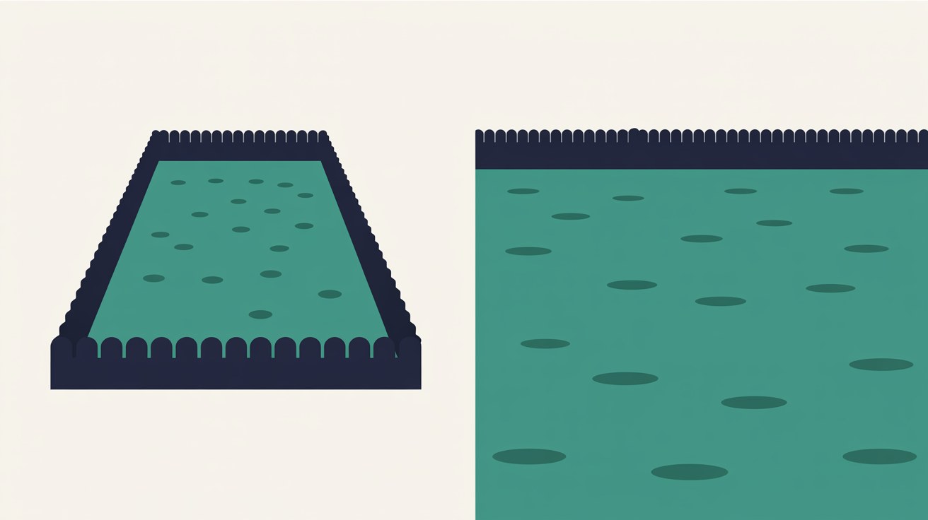 Flat illustration of a walled enclosure holding scattered dots beside an open field of the same dots, in teal and deep navy on a warm stone background