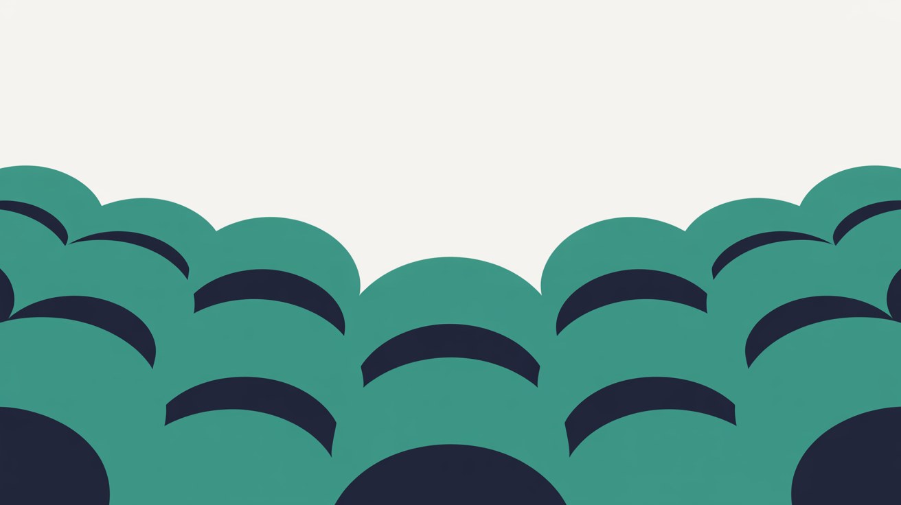 Flat illustration of repeating rounded teal and navy shapes in overlapping rows, suggesting a seated audience