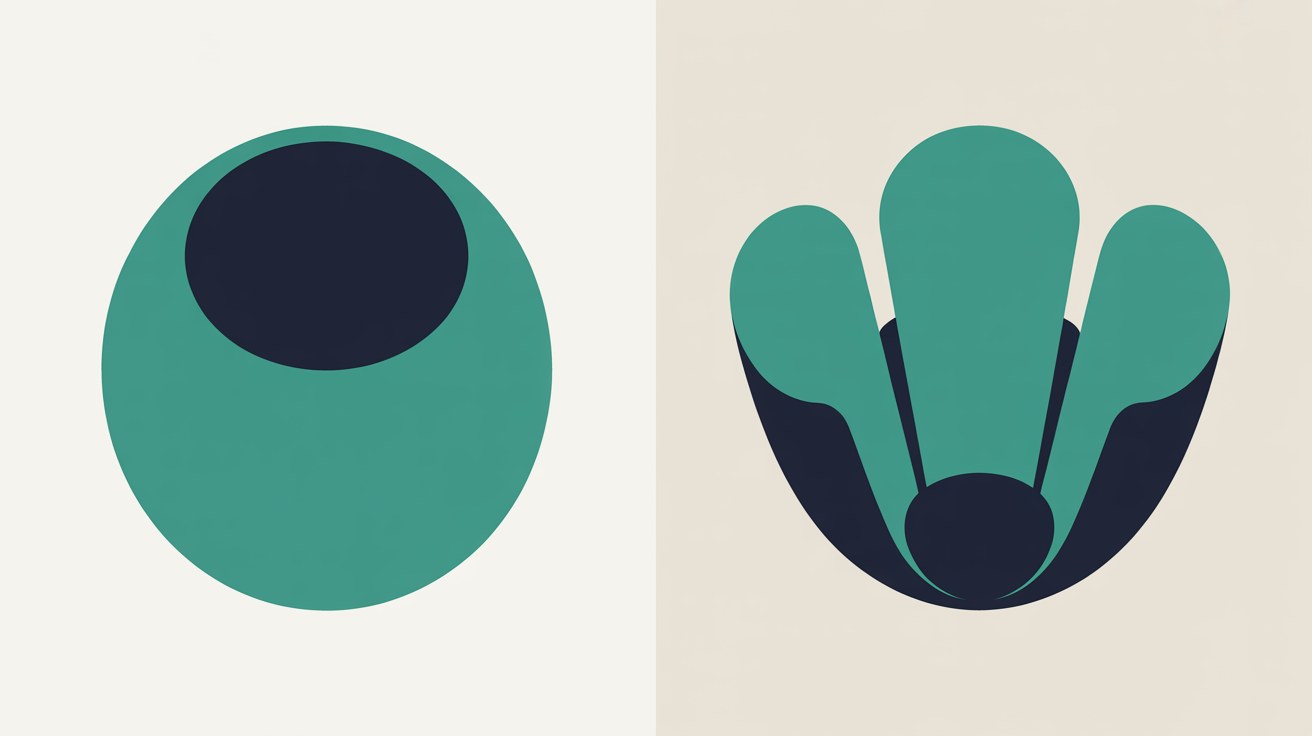Flat illustration split into two zones, a closed teal circle on the left and an open fan of teal shapes on the right, on a warm stone background