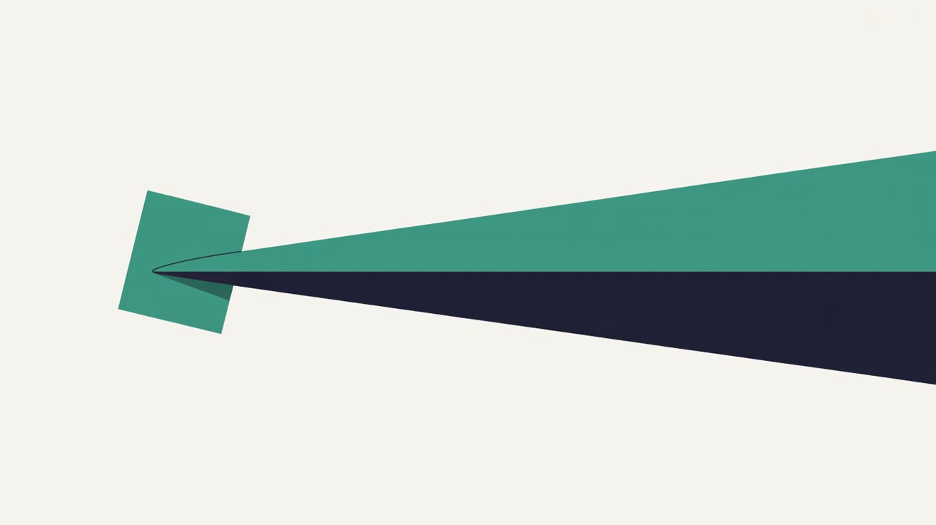 Flat illustration of a small tilted teal square on the left with two teal and navy bands widening away towards the right edge
