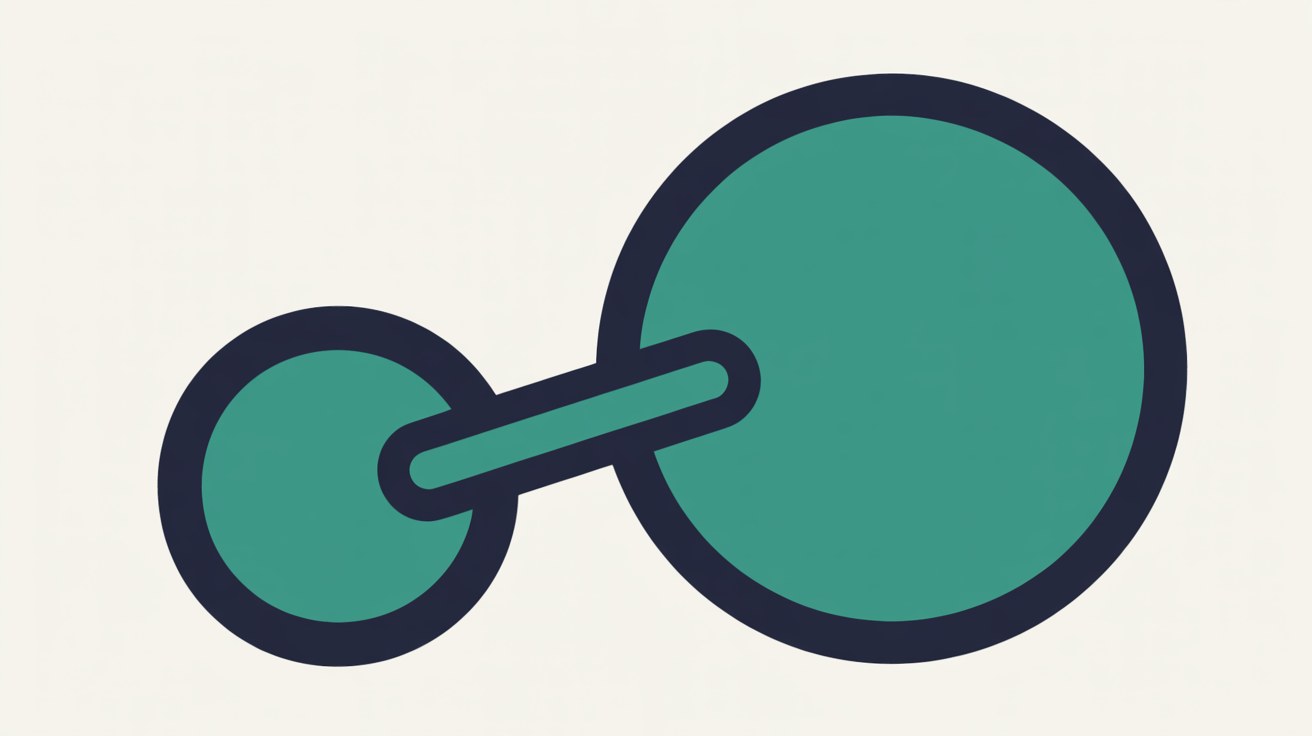 Flat illustration of a small teal circle and a larger teal circle, both outlined in navy, joined by a short teal bar on a warm grey background