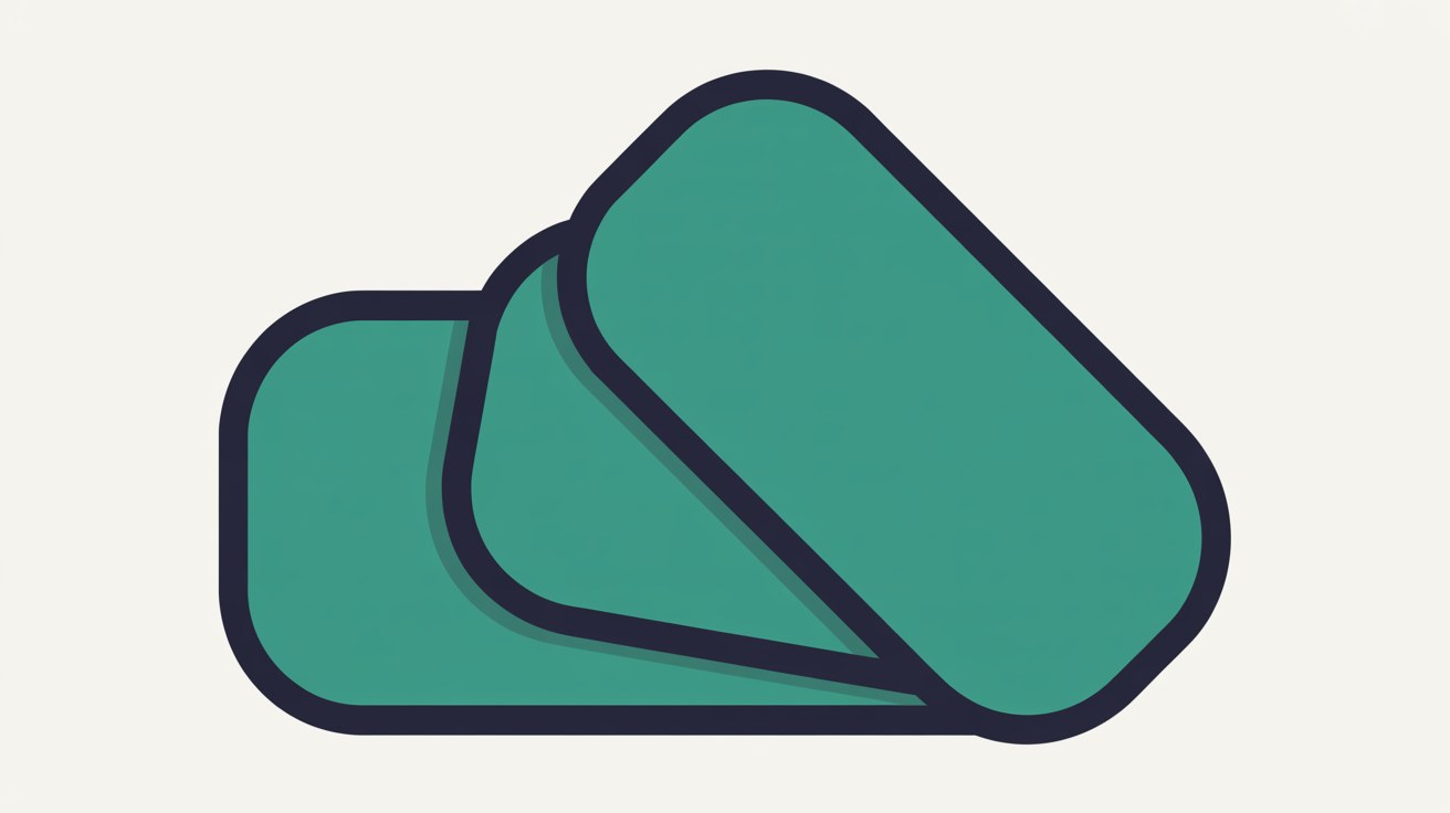 Flat illustration of three overlapping rounded rectangles in teal with heavy navy outlines, layered on a warm grey background